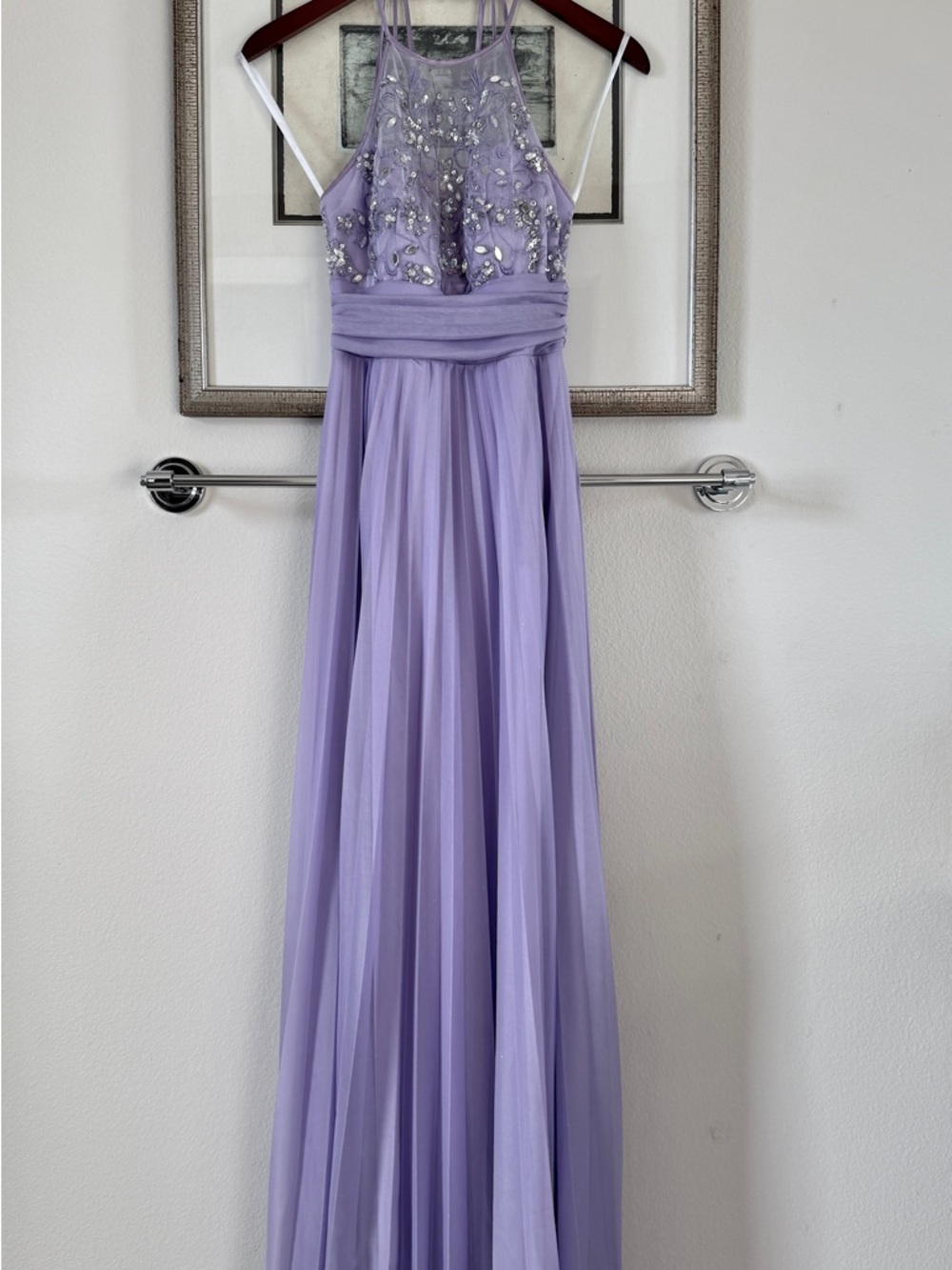 B. Darlin Lavender Lilac Beaded Halter Dress sheer top with rhinestones size 5/6